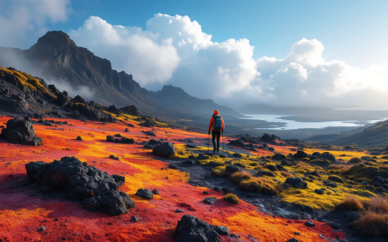 un-randonneur-se-tient-sur-un-champ-de-lave-colore-en-islande-entoure-de-teintes-vives-de-rouge-orange-et-jaune-avec-de-la-mousse-verte-contrastant-sur-le-terrain-rugueux-et-un-ciel-bleu-ecla