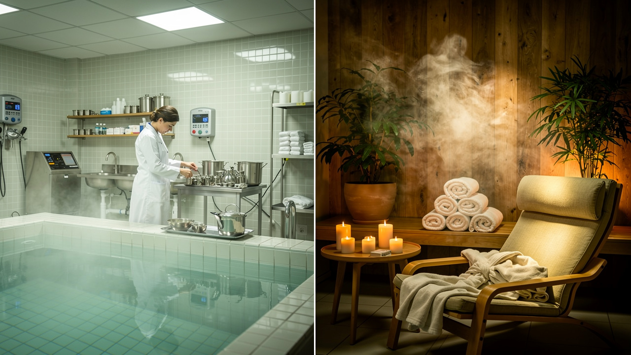 Comparaison visuelle entre un espace de soins thermaux médicaux et un espace spa bien-être dans une station, avec une ambiance lumineuse et apaisée.