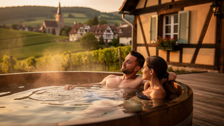 Un couple se détend dans un spa privatif sur une terrasse en bois près d’un cottage alsacien, avec de la vapeur, des vignes et un village à colombages en arrière-plan, à la lumière dorée du soir.