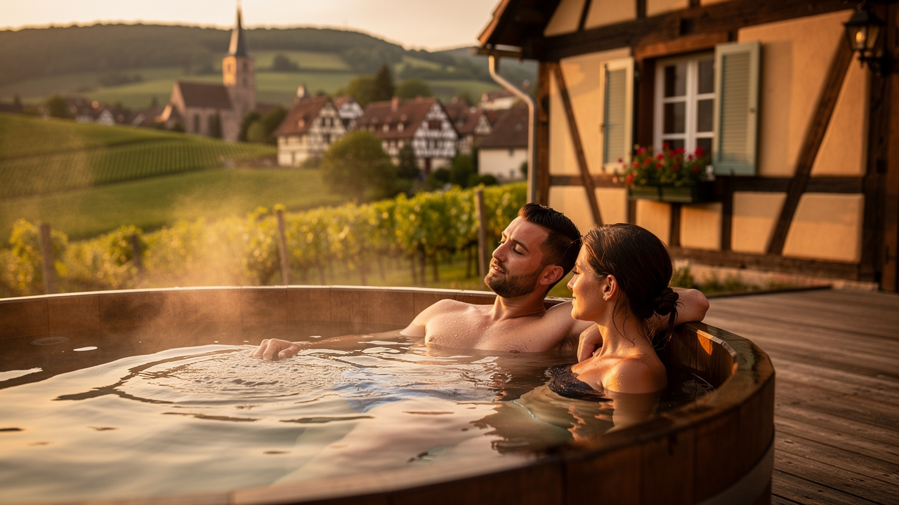 Un couple se détend dans un spa privatif sur une terrasse en bois près d’un cottage alsacien, avec de la vapeur, des vignes et un village à colombages en arrière-plan, à la lumière dorée du soir.