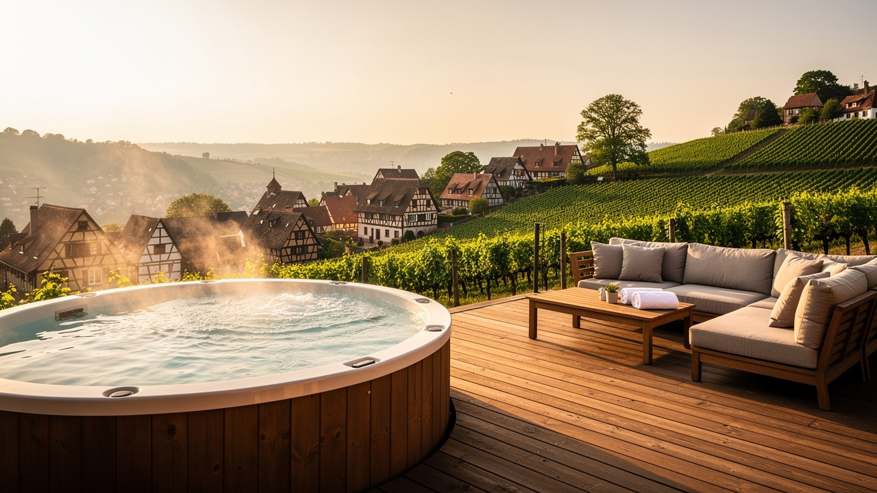Vue de Hunawihr en Alsace, terrasse avec jacuzzi privatif surplombant la route des vins et les vignes au coucher du soleil.