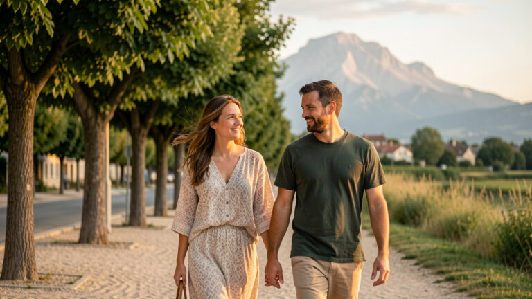 Vue apaisante de Pau et des Pyrénées : un couple se promène tranquillement sur une allée bordée d’arbres, dans une ambiance détendue au coucher du soleil.
