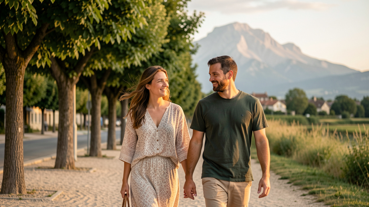 Vue apaisante de Pau et des Pyrénées : un couple se promène tranquillement sur une allée bordée d’arbres, dans une ambiance détendue au coucher du soleil.