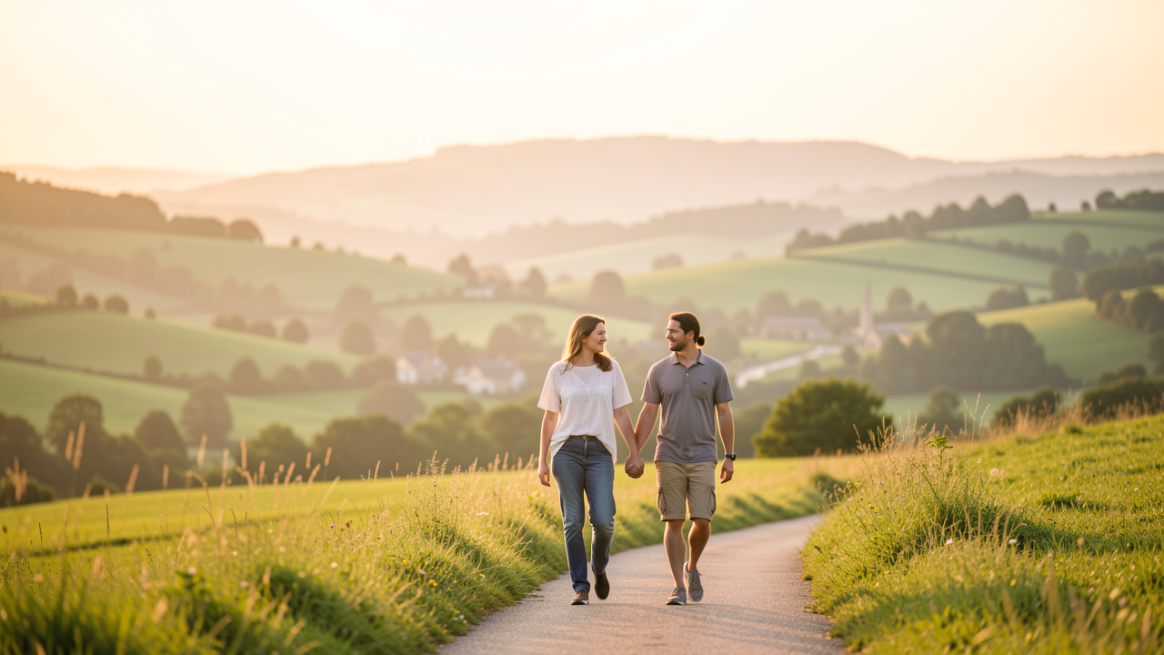 Vue paisible de Pau avec des collines verdoyantes, une lumière douce au coucher du soleil, et un couple en promenade dans une ambiance bien-être.