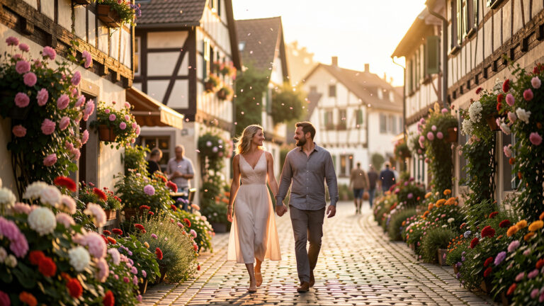 Un homme et une femme se promènent main dans la main dans un village alsacien fleuri, sous une lumière douce et chaleureuse, entre maisons à colombages et ruelles pavées.