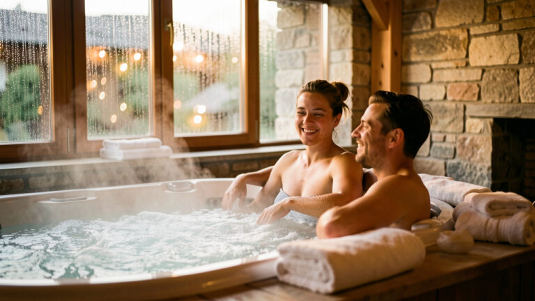 Un couple se détend dans un spa alsacien chaleureux, baignés par une lumière douce ; de la pluie ruisselle sur les vitres derrière eux.