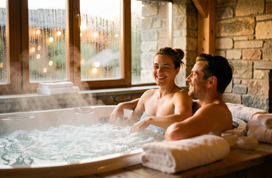 Un couple se détend dans un spa alsacien chaleureux, baignés par une lumière douce ; de la pluie ruisselle sur les vitres derrière eux.
