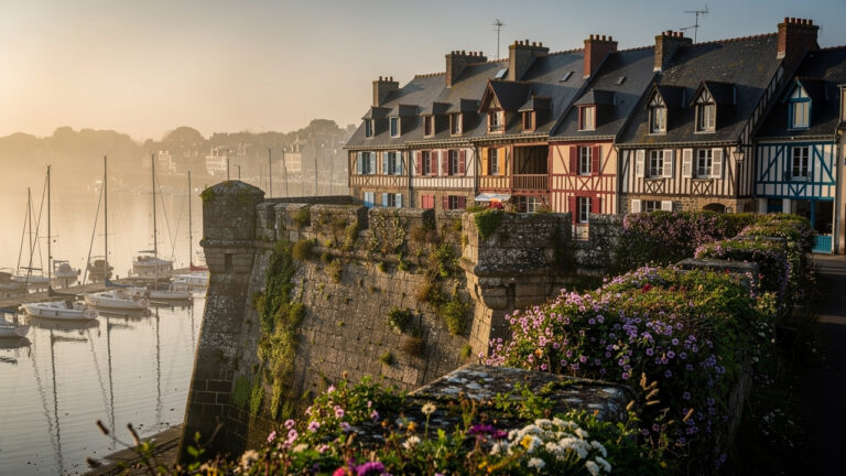 Vue éditoriale de Vannes au lever du jour, avec des remparts fleuris, des maisons à pans de bois et le port de plaisance en arrière-plan dans une douce lumière bretonne.