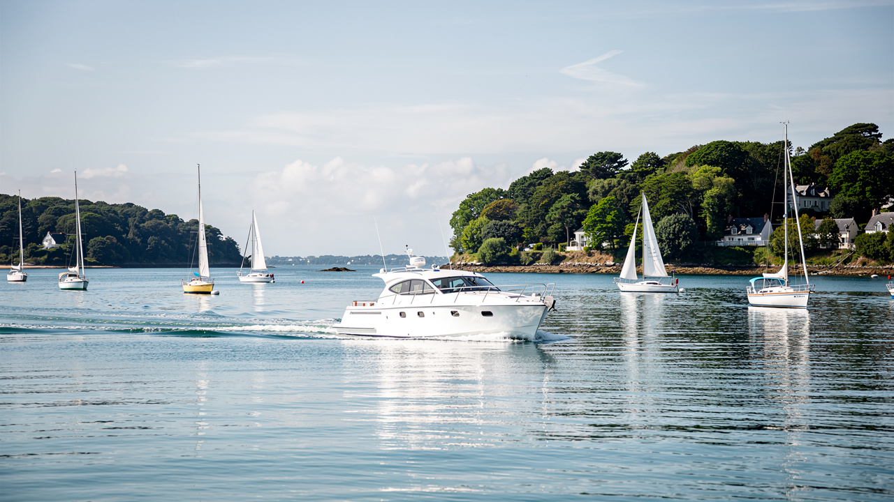 Vedette blanche naviguant dans le Golfe du Morbihan entre l’Île-aux-Moines et l’Île d’Arz, entourée de voiliers, de rives boisées et d’une lumière éclatante.