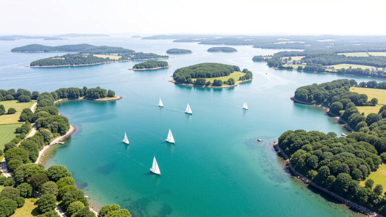 Vue aérienne lumineuse du golfe du Morbihan avec des voiliers, des îlots verdoyants et la côte bretonne.