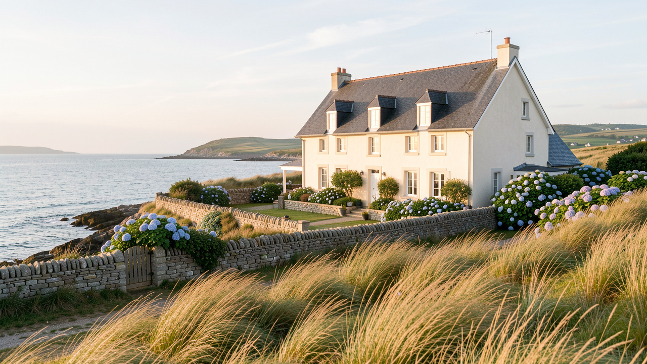 Maison d’hôtes bretonne en pierre face au golfe du Morbihan, entourée de végétation côtière dans la lumière douce du matin.