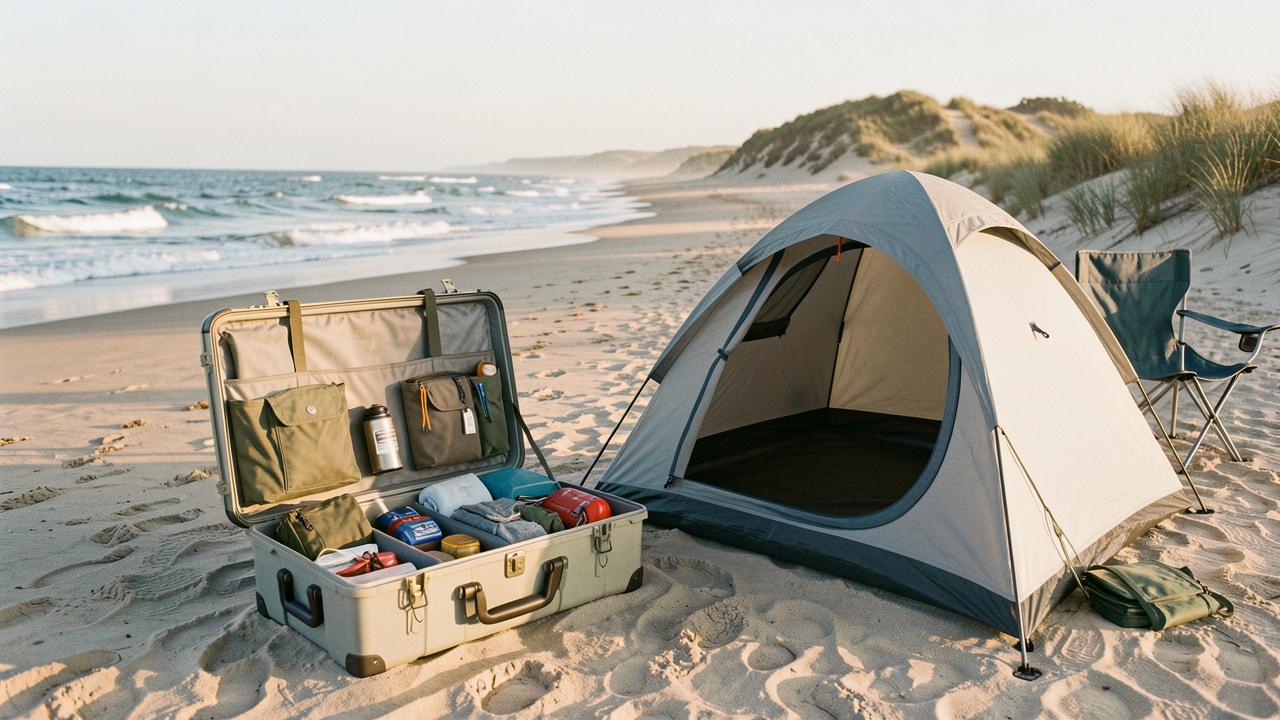 Coffre de voyage léger contenant des accessoires de camping près d’une tente et de chaises pliantes sur une plage de l’Atlantique.