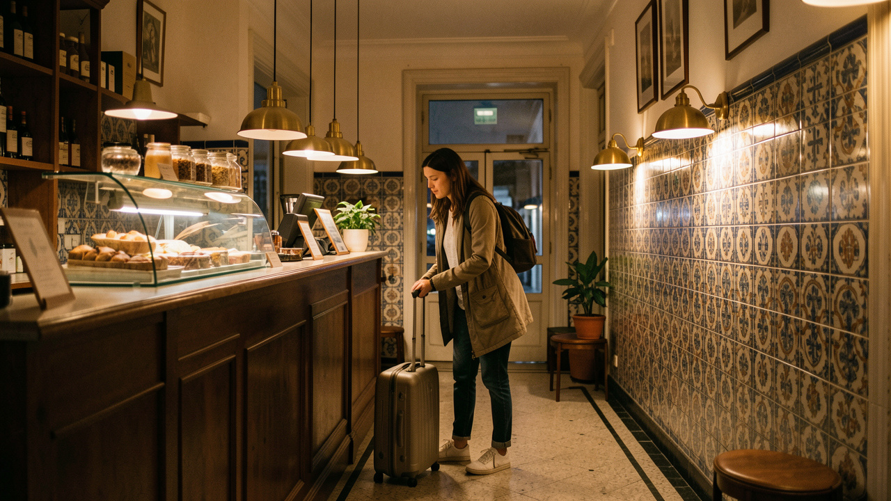 Une voyageuse seule arrive de nuit dans un hôtel accueillant de Lisbonne avec sa valise, dans une réception chaleureusement éclairée.