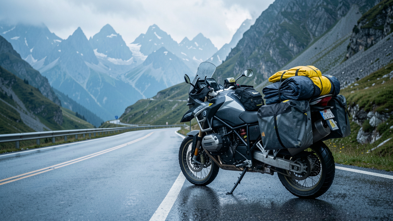 Moto de voyage équipée de bagages étanches et de vêtements de pluie au bord d’une route alpine mouillée, avec les montagnes en arrière-plan.