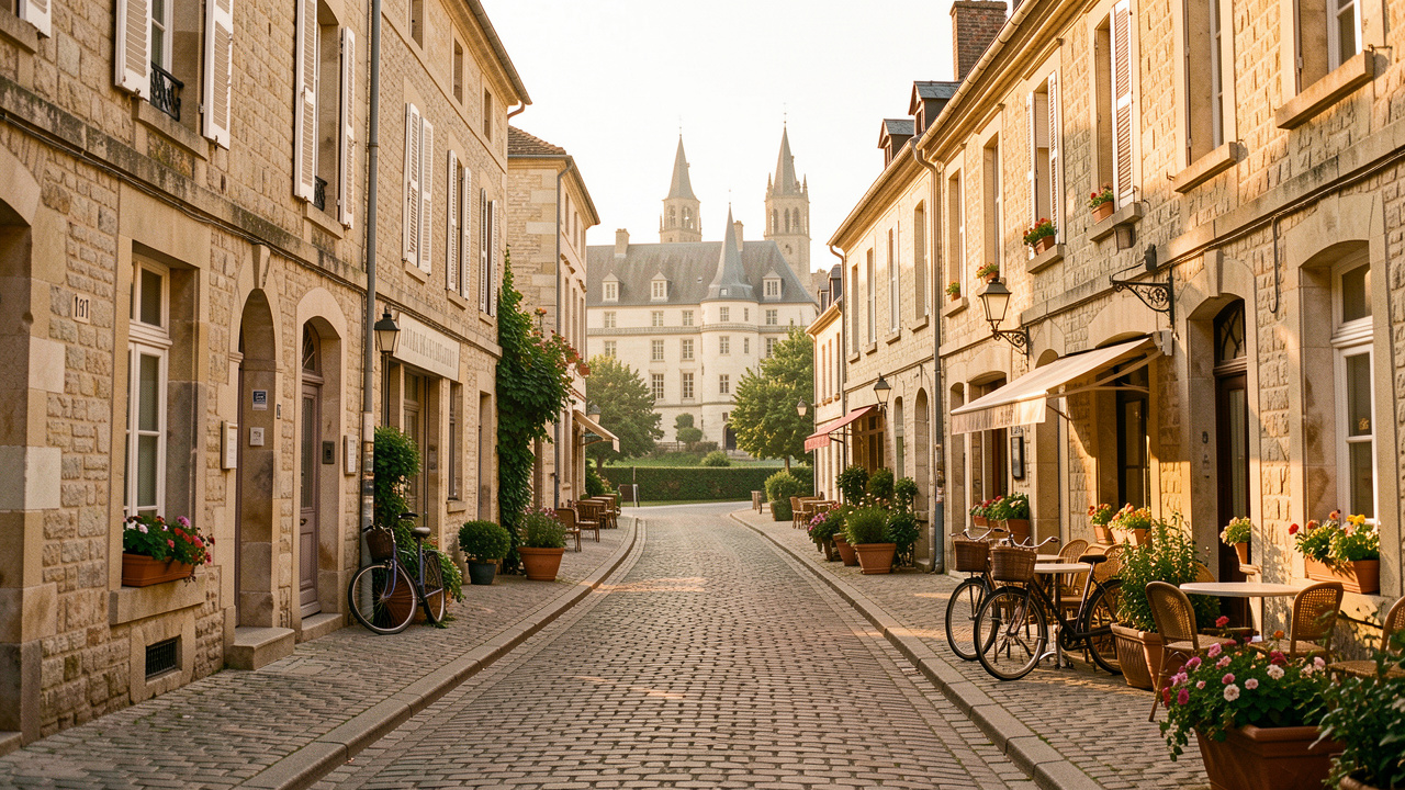 Rue historique de Nevers baignée par la lumière du matin, avec des maisons en pierre, le palais ducal, des tours de cathédrale et un vélo près d'une terrasse de café.