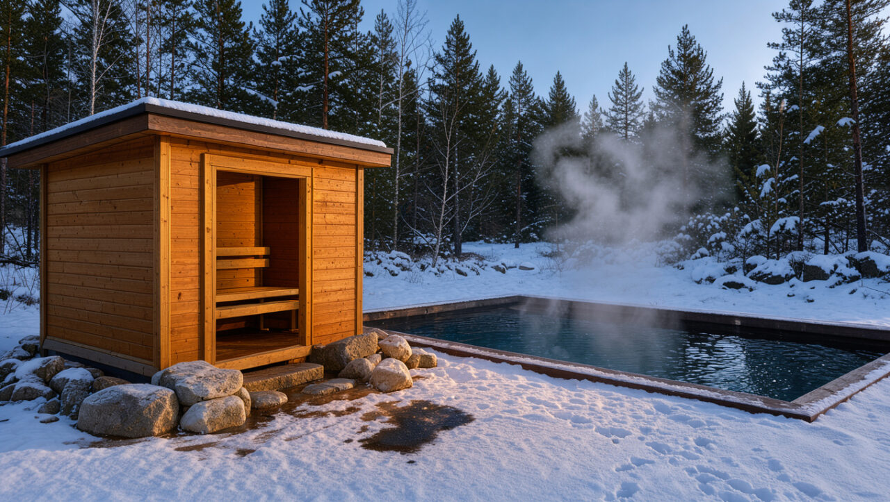 Sauna finlandais en bois situé près d’un bassin extérieur fumant, entouré de neige et de forêt de conifères dans une lumière douce.