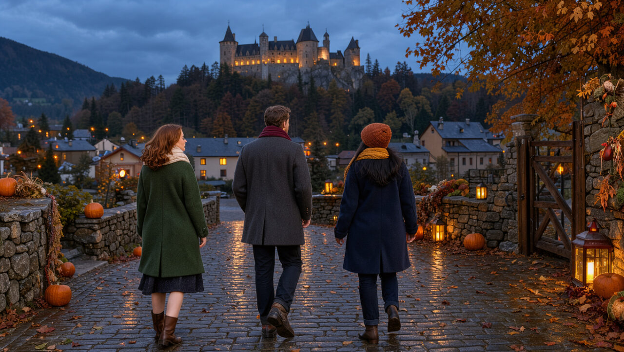 Le château de Bran illuminé domine un village transylvain un soir d’automne, tandis que des voyageurs emmitouflés marchent dans une ambiance Halloween élégante.